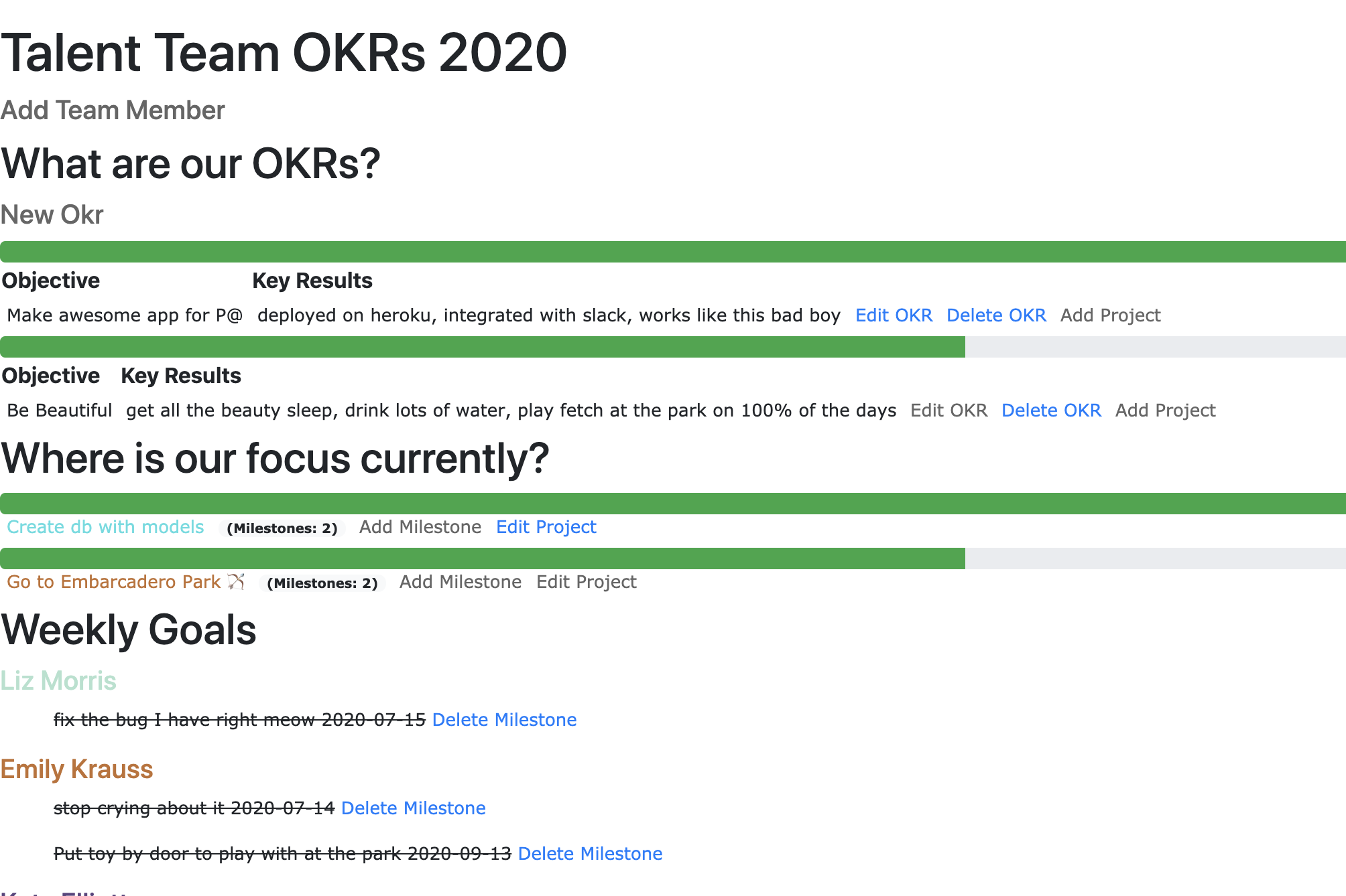 home page of okr tracker with some goals added